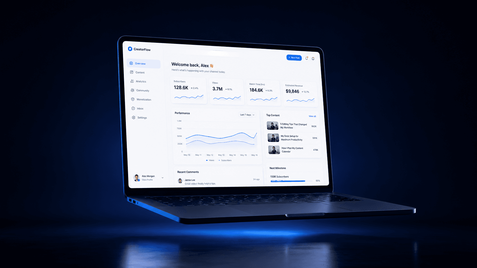 The CreatorsFlow dashboard: a bright, premium creator workspace